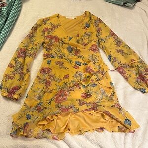 Lush Mustard Floral Sheer Long Sleeve Dress